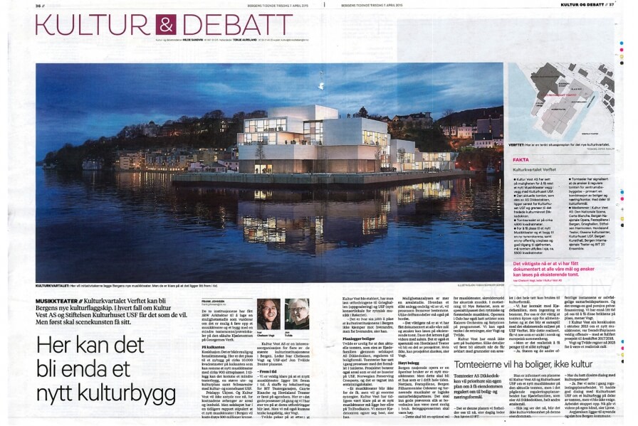 Bergen new cultural flagship within the cultural quarter. Bergens Tidende is featuring our study for the new Musikkteater