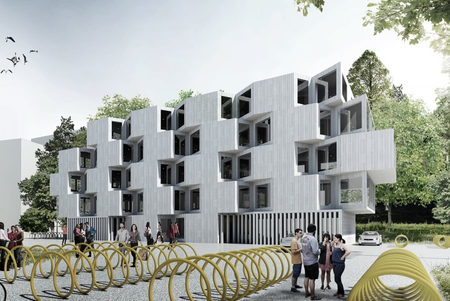 Preview from office building at Laksevaag. Material and construction in prefab wood.